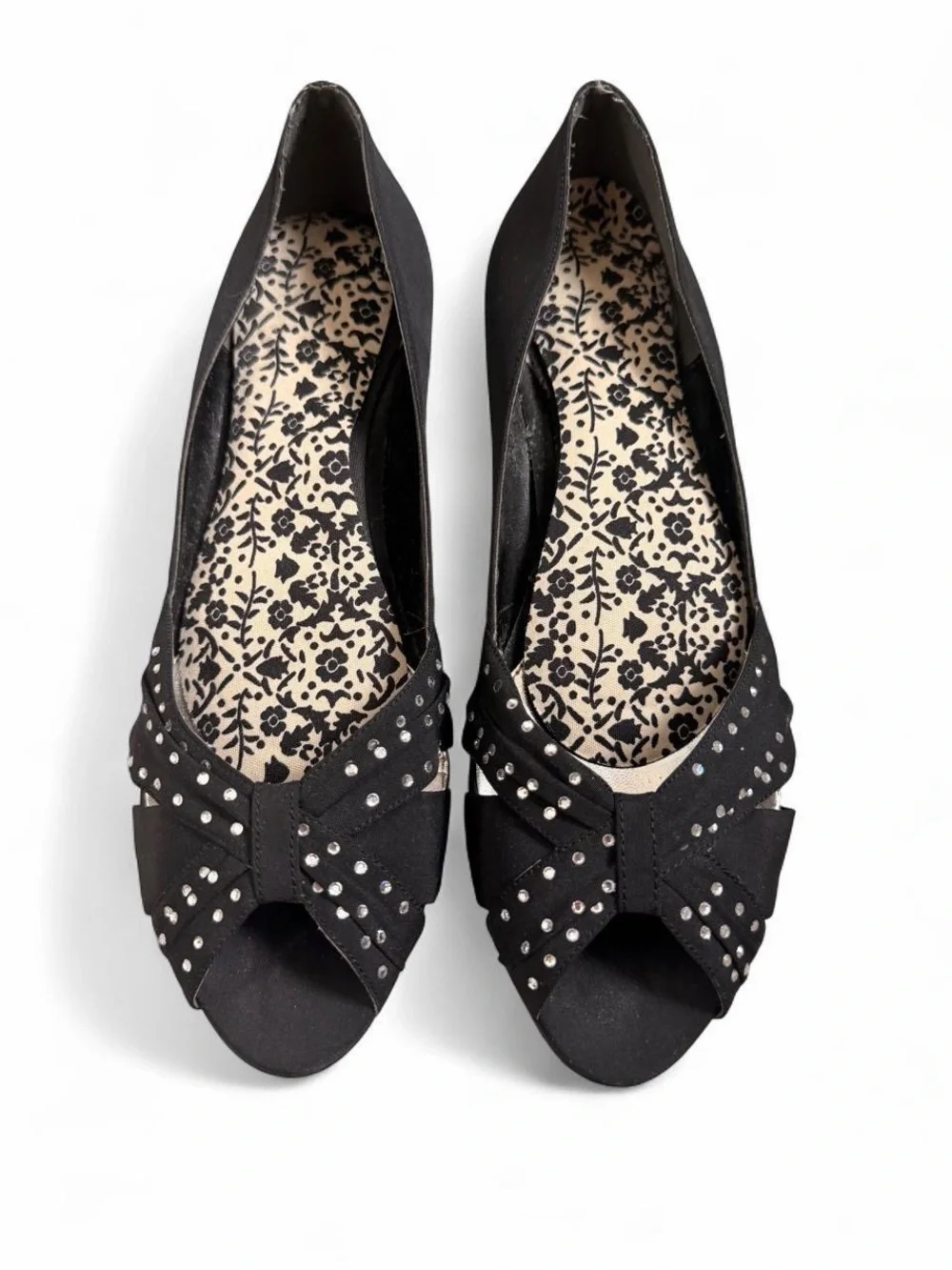 Allure Black Peep-Toe Low Wedge Heels with Stud Accents